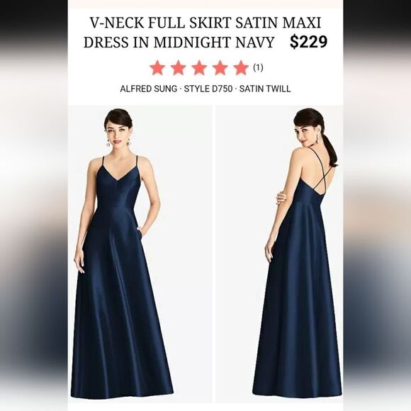 NWT Alfred Sung V-Neck Full Skirt Satin Maxi Dress Midnight Navy Blue Size 0 - Picture 13 of 13